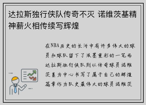 达拉斯独行侠队传奇不灭 诺维茨基精神薪火相传续写辉煌