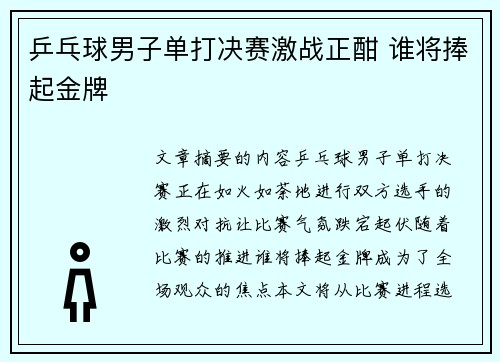 乒乓球男子单打决赛激战正酣 谁将捧起金牌 乒乓球男子单打决赛激战正酣 谁将捧起金牌